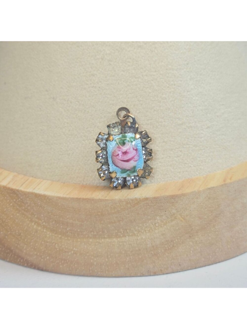 Vintage Guilloche Enamel Pink Rose Pendant Rhinestone Charm Art Deco Style READ - Picture 5 of 8